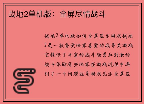 战地2单机版：全屏尽情战斗