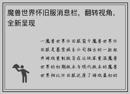 魔兽世界怀旧服消息栏，翻转视角，全新呈现